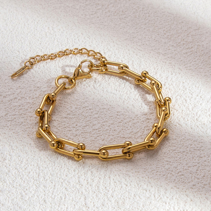 Gold-Plated Geometric Link Bracelet with Bead Accents