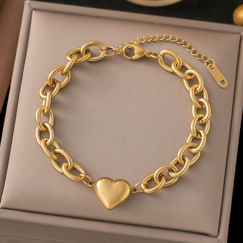 Gold-Plated Chunky Chain Bracelet with Heart Charm
