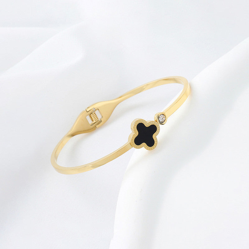 Gold-Plated Black Clover Minimal Bracelet with Crystal Accent | Anti-Tarnish Stainless Steel Openable Cuff