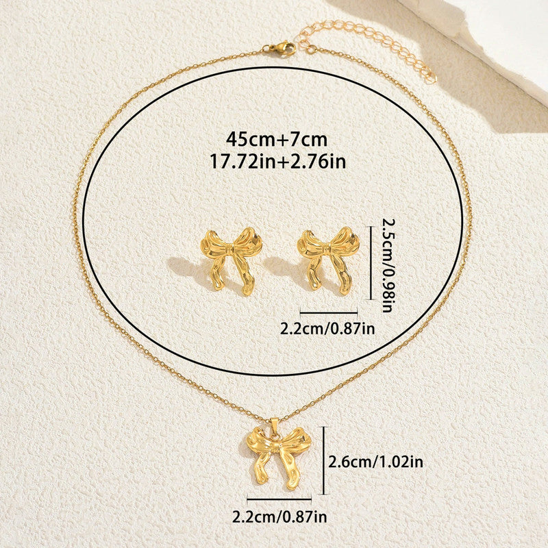 Gold-Plated Bow Pendant Necklace with Matching Earrings