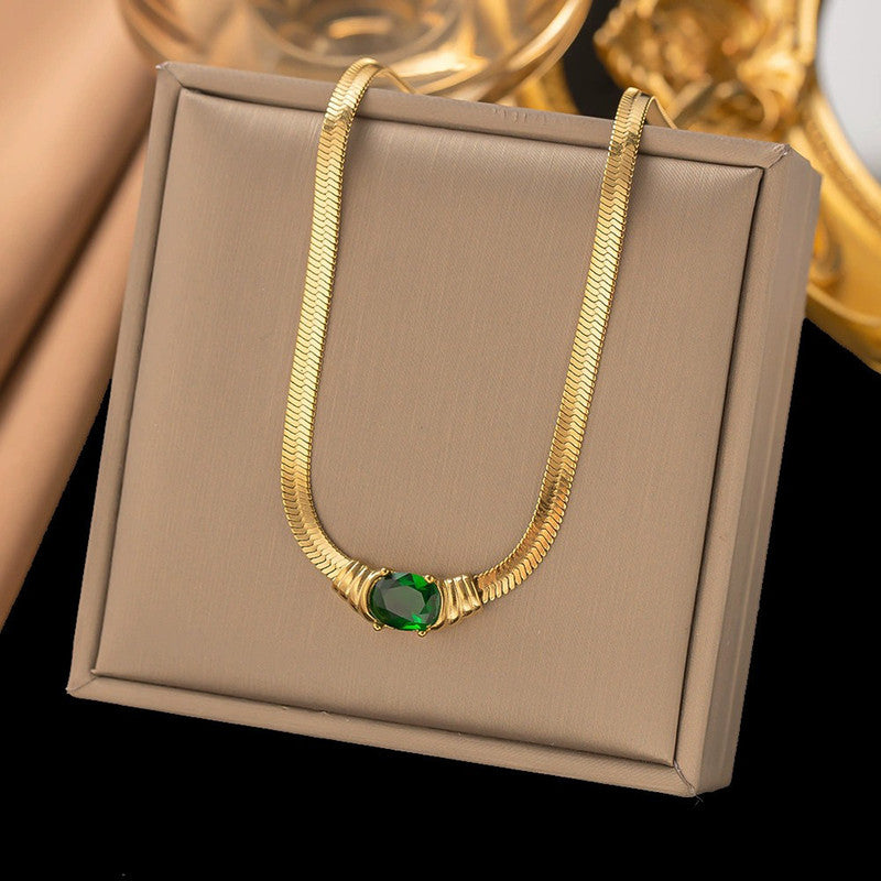 Gold-Plated Herringbone Chain Necklace with Green Stone Pendant