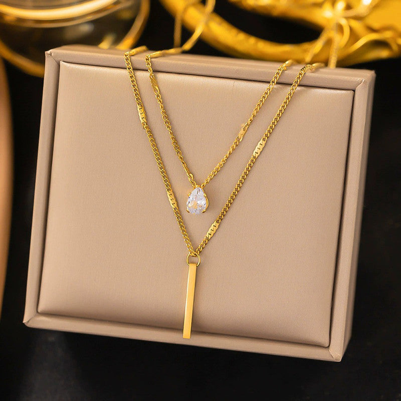 Gold-Plated Layered Bar & Crystal Drop Necklace