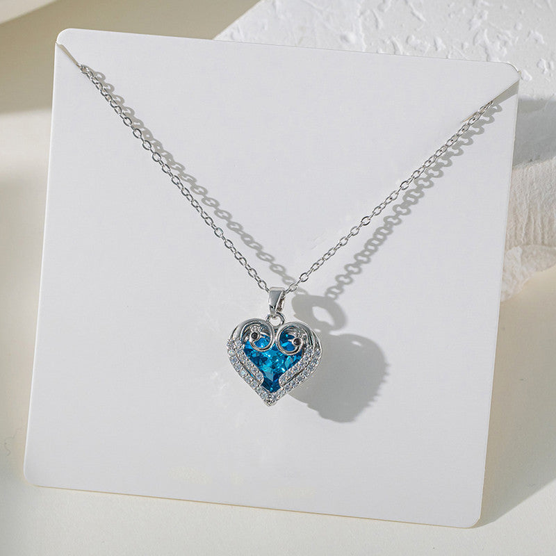 Silver-Plated Blue Crystal Heart Pendant Necklace
