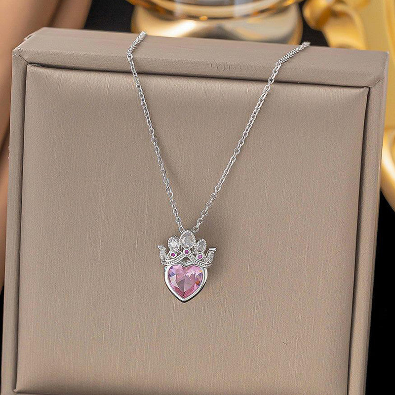Silver-Plated Crown Heart Pendant Necklace with Pink Crystal
