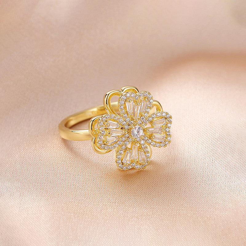 Gold Flower Ring with Crystal Detailing