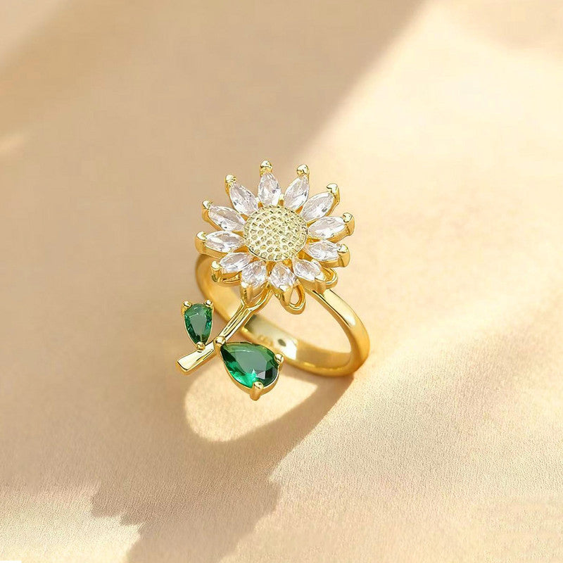 Gold-Plated Crystal Flower Ring with Green Stone Accent