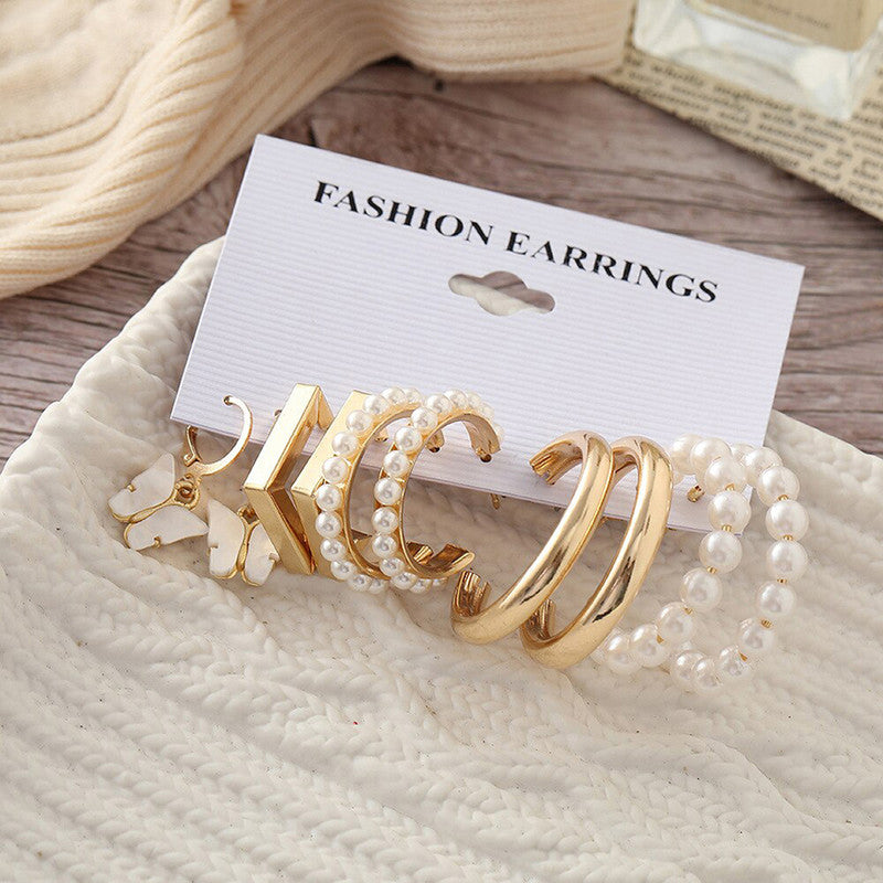 Gold Plated Pearl and Geometric Hoop Earrings Set of 5 for Women
