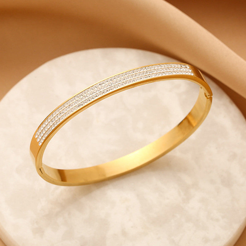 Gold-Plated Triple Line Crystal Bracelet | Anti-Tarnish Stainless Steel Openable Cuff for Women