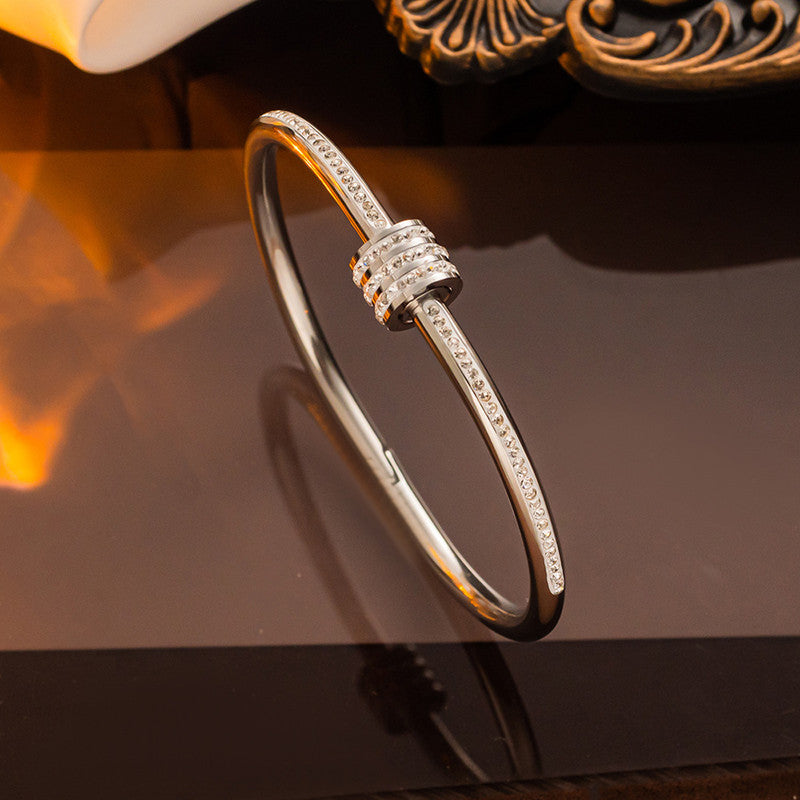 Minimal Crystal Ring Accent Silver Bracelet | Anti-Tarnish Stainless Steel Openable Cuff for Women