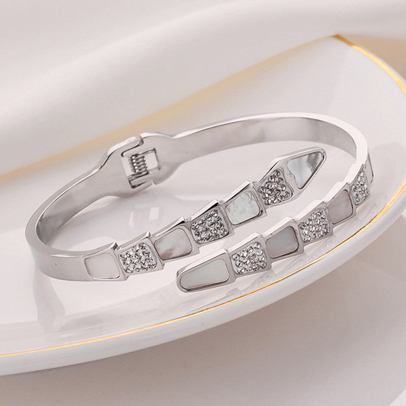 Elegant Crystal & Mother of Pearl Silver Bracelet for Women | Openable Anti-Tarnish Stainless Steel Bangle