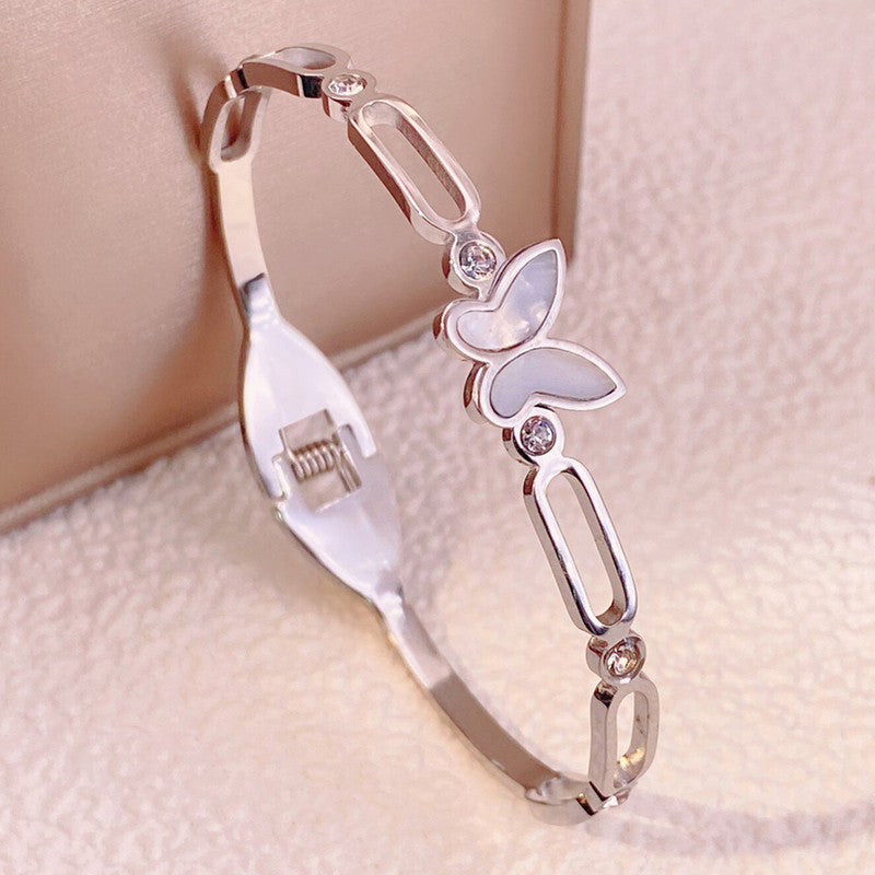 Silver Butterfly Charm Bracelet with Crystal Accents | Anti-Tarnish Stainless Steel Openable Cuff