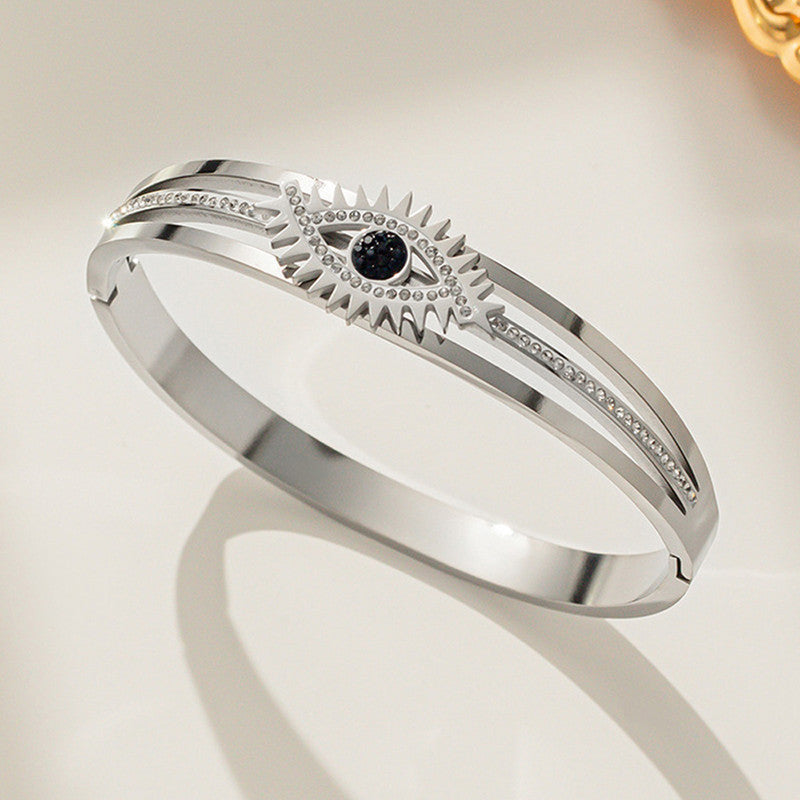 Modern Evil Eye Silver Bracelet with Crystal Lines | Stainless Steel Anti-Tarnish Women’s Cuff
