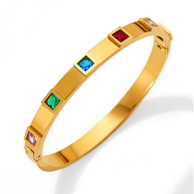 Gold-Plated Multicolor Crystal Bangle Bracelet | Stainless Steel Anti-Tarnish Openable Cuff for Women
