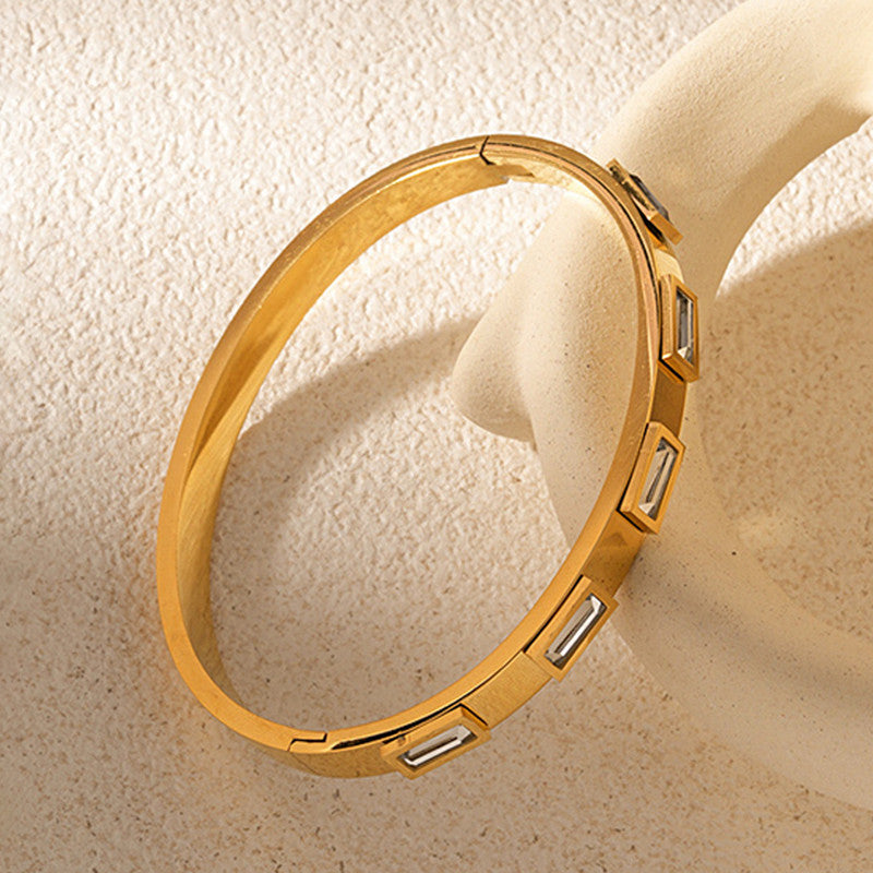 Gold-Plated Crystal Studded Bangle Bracelet | Stainless Steel Anti-Tarnish Openable Cuff for Women