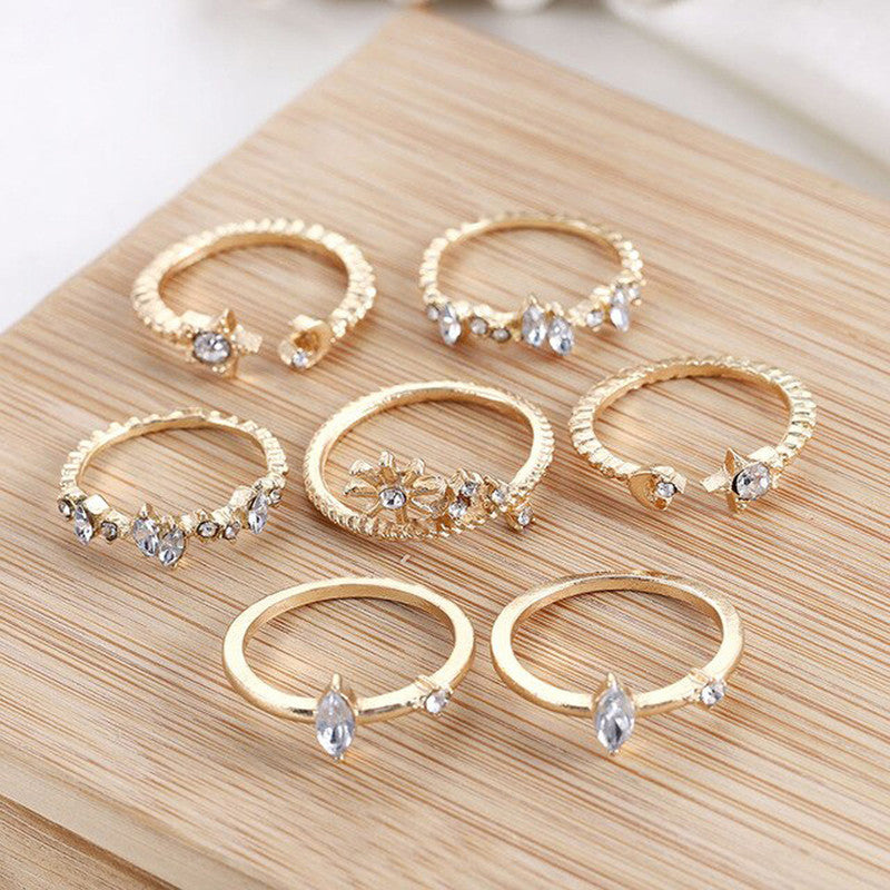 Gold Plated Moon–Star Stackable Ring Set (Set of 7)