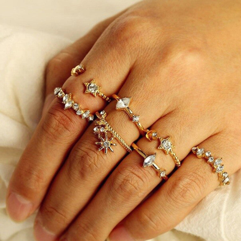 Gold Plated Moon–Star Stackable Ring Set (Set of 7)