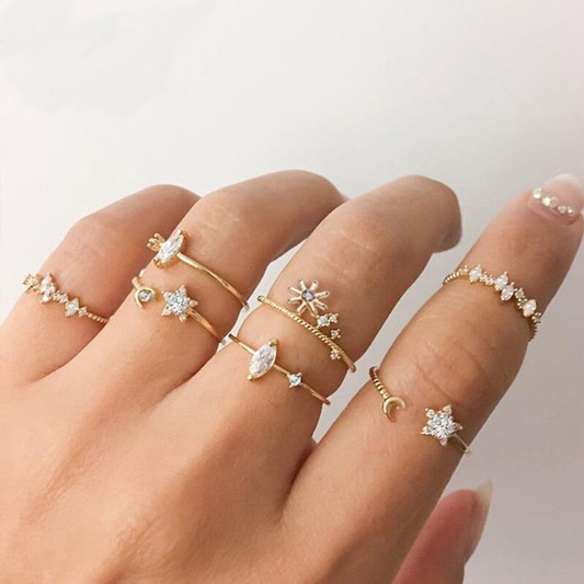 Gold Plated Moon–Star Stackable Ring Set (Set of 7)