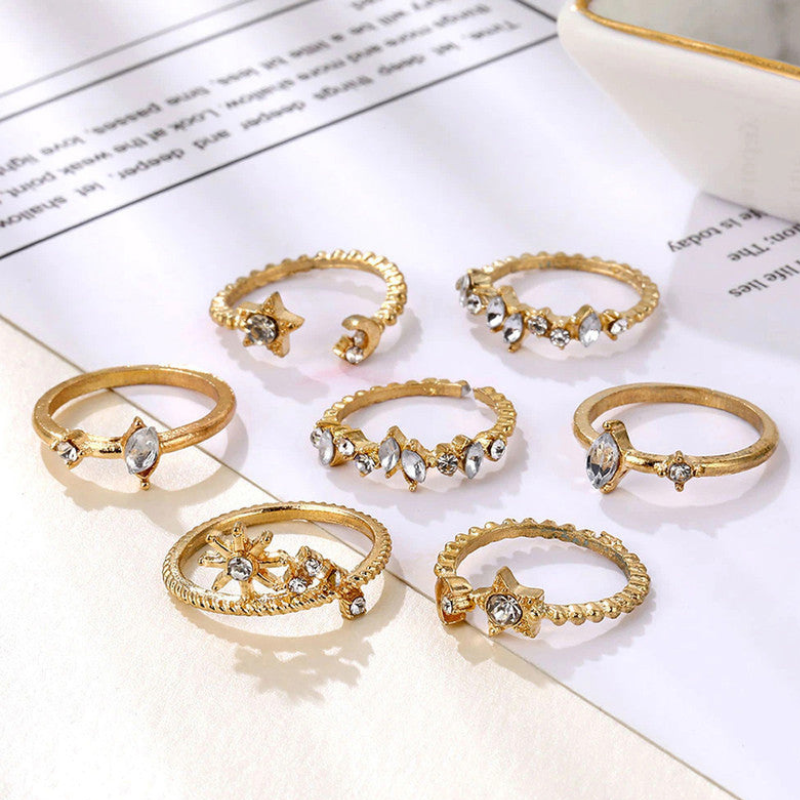 Gold Plated Moon–Star Stackable Ring Set (Set of 7)