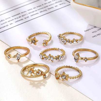 Gold Plated Moon–Star Stackable Ring Set (Set of 7)