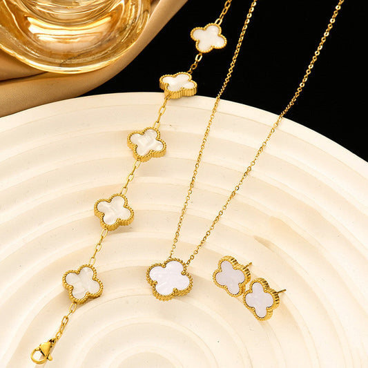 Minimal Gold Clover Jewelry Combo Set | Stainless Steel Anti-Tarnish Necklace, Bracelet & Earrings