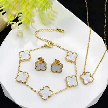 Minimal Gold Clover Jewelry Combo Set | Stainless Steel Anti-Tarnish Necklace, Bracelet & Earrings