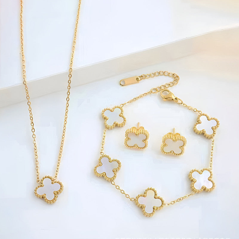 Minimal Gold Clover Jewelry Combo Set | Stainless Steel Anti-Tarnish Necklace, Bracelet & Earrings