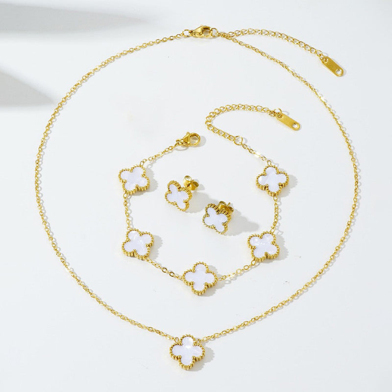 Minimal Gold Clover Jewelry Combo Set | Stainless Steel Anti-Tarnish Necklace, Bracelet & Earrings