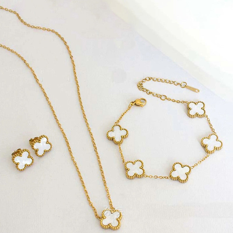 Minimal Gold Clover Jewelry Combo Set | Stainless Steel Anti-Tarnish Necklace, Bracelet & Earrings
