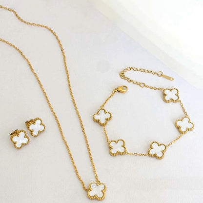 Minimal Gold Clover Jewelry Combo Set | Stainless Steel Anti-Tarnish Necklace, Bracelet & Earrings
