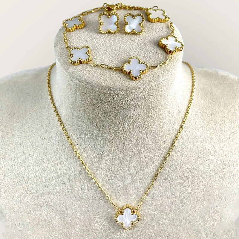 Minimal Gold Clover Jewelry Combo Set | Stainless Steel Anti-Tarnish Necklace, Bracelet & Earrings
