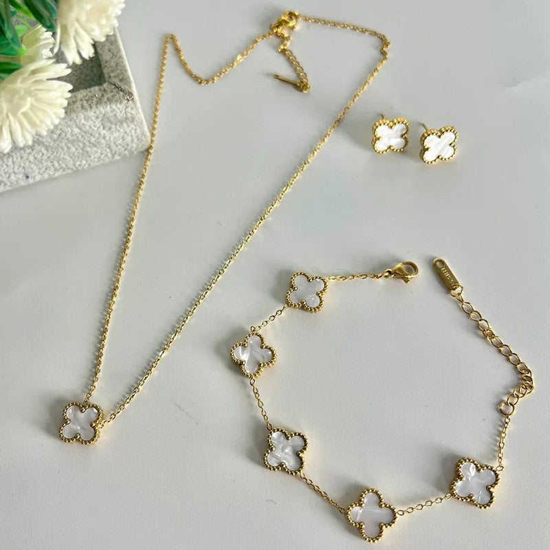 Minimal Gold Clover Jewelry Combo Set | Stainless Steel Anti-Tarnish Necklace, Bracelet & Earrings