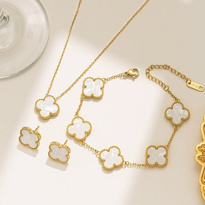 Minimal Gold Clover Jewelry Combo Set | Stainless Steel Anti-Tarnish Necklace, Bracelet & Earrings