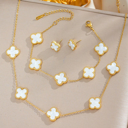 Minimal Gold Clover Jewelry Combo Set | Stainless Steel Anti-Tarnish Necklace, Bracelet & Earrings