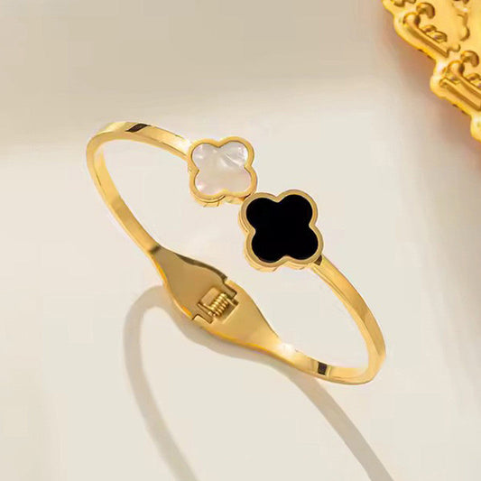 Gold-Plated Dual Clover Bracelet with Black & Mother of Pearl | Anti-Tarnish Stainless Steel Openable Cuff