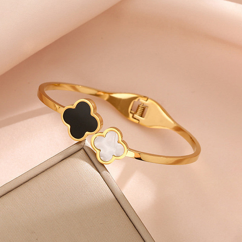 Gold-Plated Dual Clover Bracelet with Black & Mother of Pearl | Anti-Tarnish Stainless Steel Openable Cuff