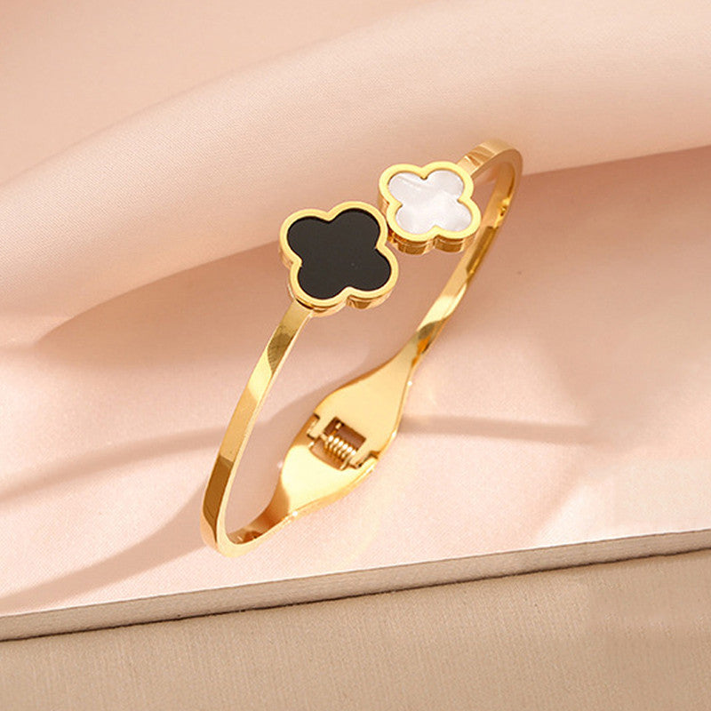 Gold-Plated Dual Clover Bracelet with Black & Mother of Pearl | Anti-Tarnish Stainless Steel Openable Cuff