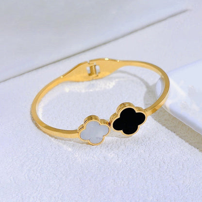 Gold-Plated Dual Clover Bracelet with Black & Mother of Pearl | Anti-Tarnish Stainless Steel Openable Cuff