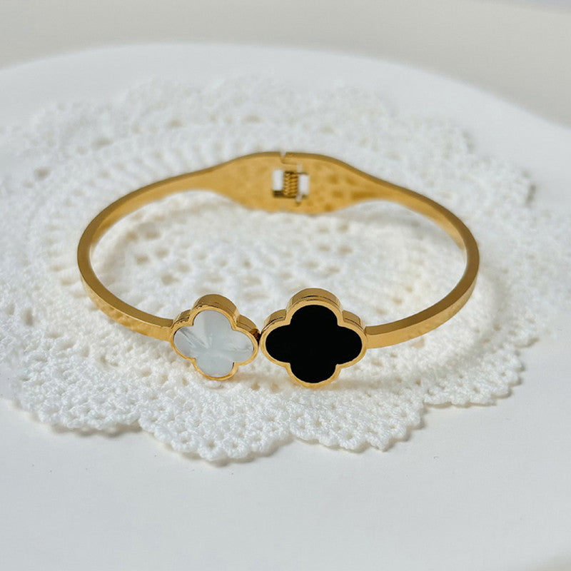 Gold-Plated Dual Clover Bracelet with Black & Mother of Pearl | Anti-Tarnish Stainless Steel Openable Cuff