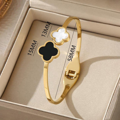 Gold-Plated Dual Clover Bracelet with Black & Mother of Pearl | Anti-Tarnish Stainless Steel Openable Cuff
