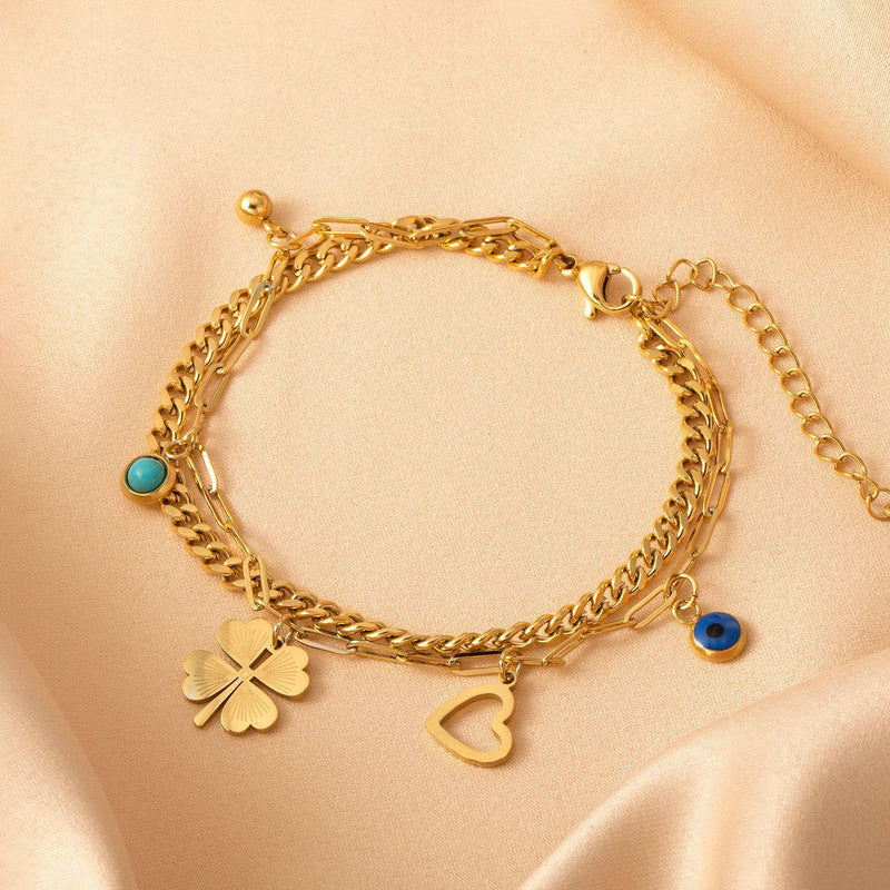 Gold-Plated Layered Charm Bracelet with Evil Eye, Clover & Heart