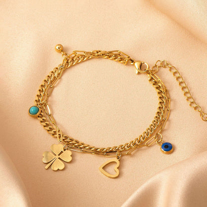 Gold-Plated Layered Charm Bracelet with Evil Eye, Clover & Heart