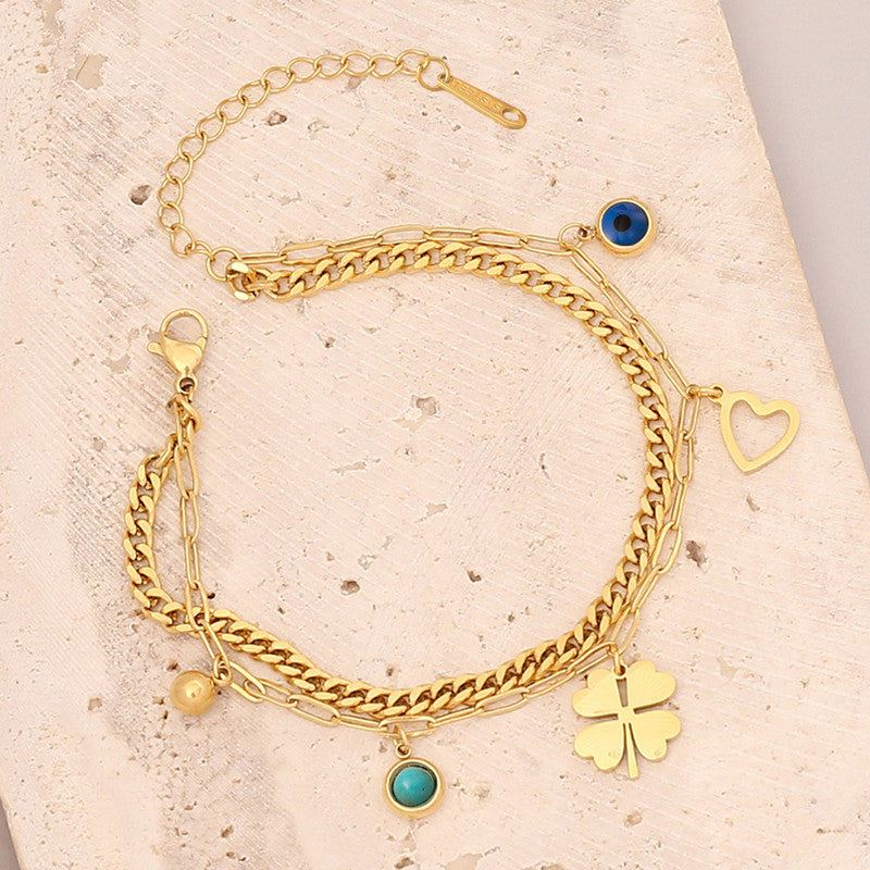 Gold-Plated Layered Charm Bracelet with Evil Eye, Clover & Heart