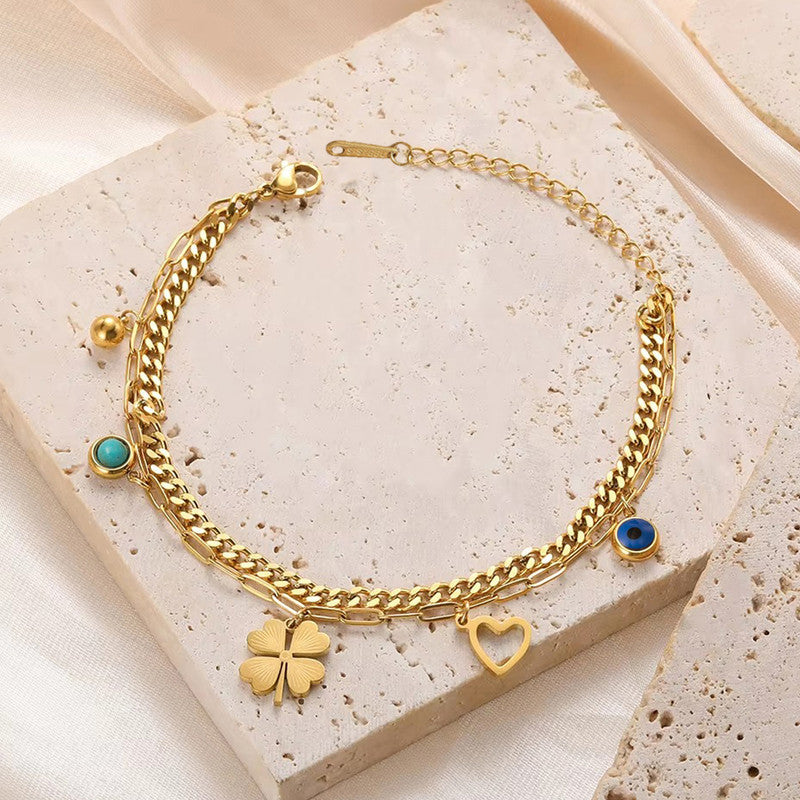 Gold-Plated Layered Charm Bracelet with Evil Eye, Clover & Heart