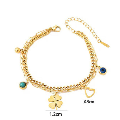 Gold-Plated Layered Charm Bracelet with Evil Eye, Clover & Heart
