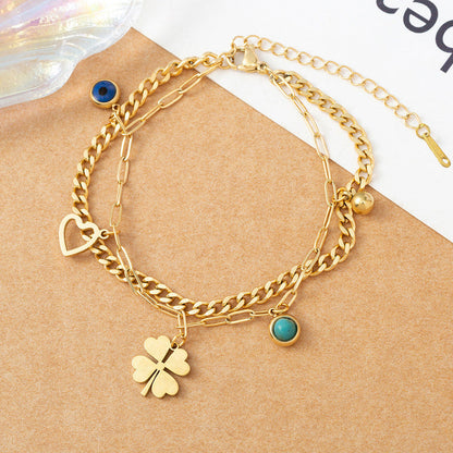 Gold-Plated Layered Charm Bracelet with Evil Eye, Clover & Heart