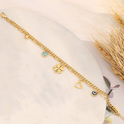 Gold-Plated Layered Charm Bracelet with Evil Eye, Clover & Heart