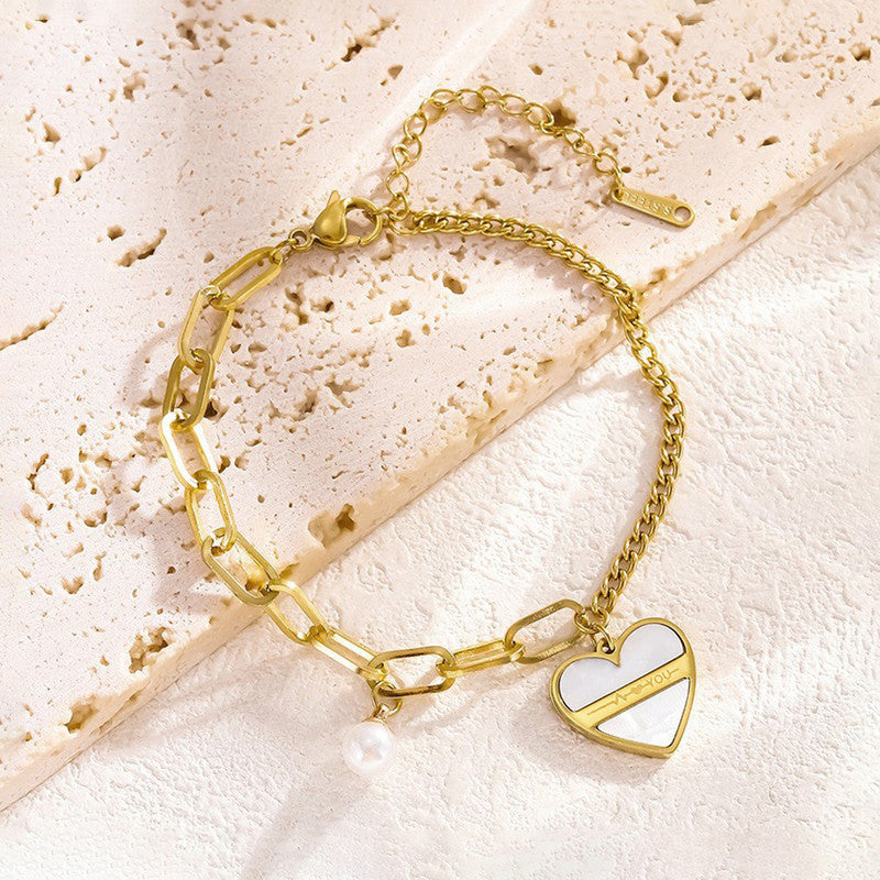 Gold-Plated Heart Charm Bracelet with Pearl Accent