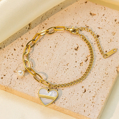 Gold-Plated Heart Charm Bracelet with Pearl Accent