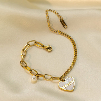 Gold-Plated Heart Charm Bracelet with Pearl Accent