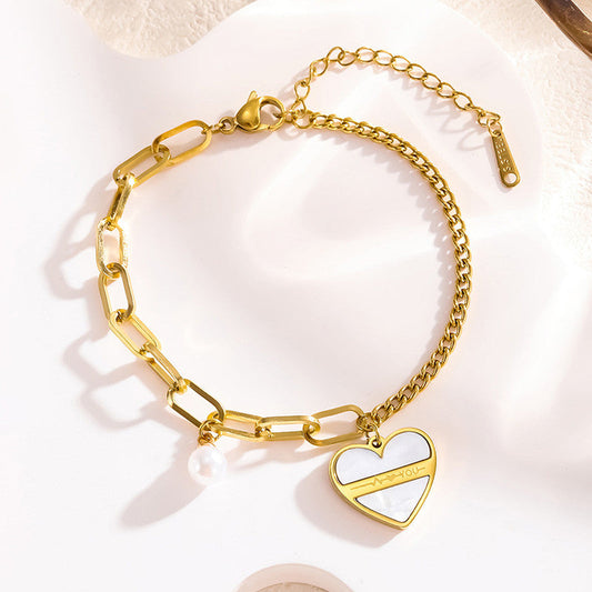 Gold-Plated Heart Charm Bracelet with Pearl Accent